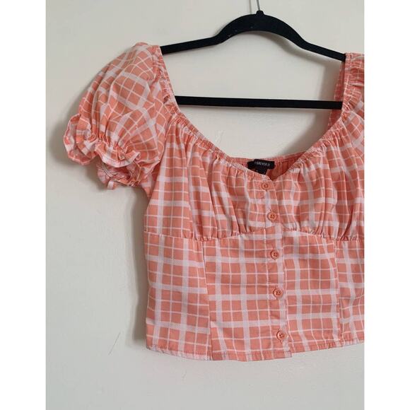 Pink Forever 21 Grid Print Puff Sleeve Crop Top S - Picture 4 of 5